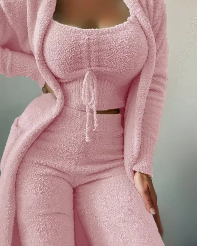 Ensemble Pyjama Peluche Luxe 2025 Pour Femmes Trois Pièces Crop Top Court Pantalon Long Manteau Confort