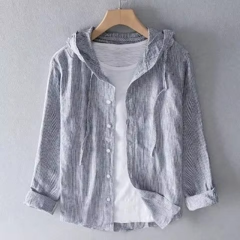 Amawinc Chemise Homme Été à Capuche Manches Longues Coton Lin Respirante Légère Décontractée