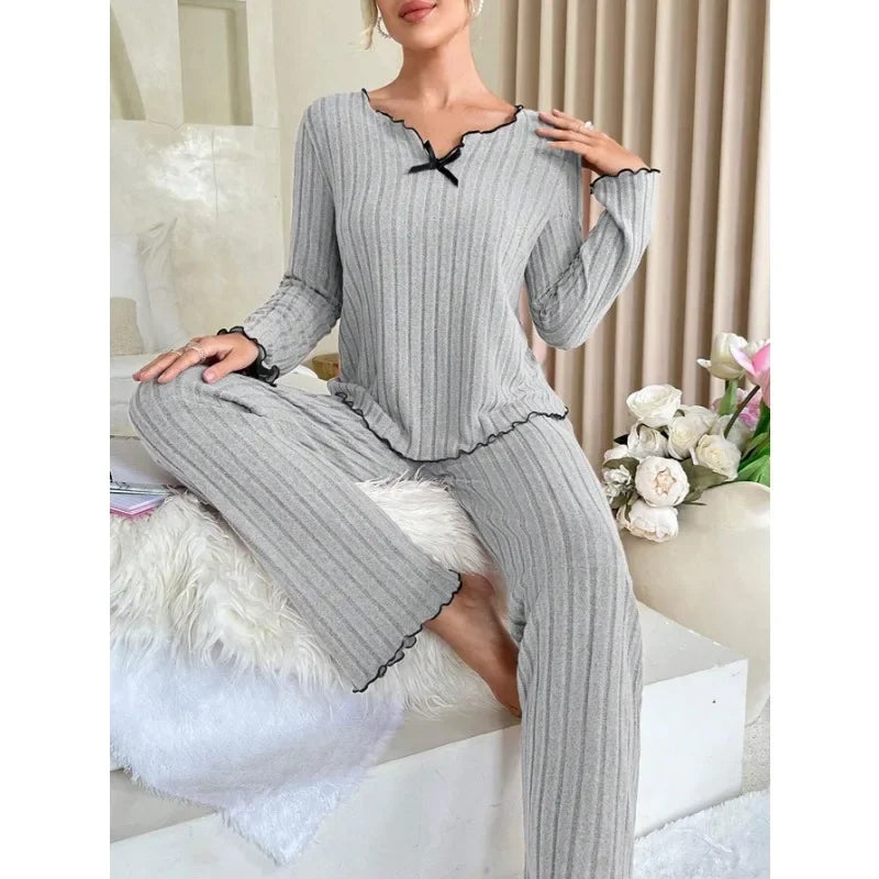 Amawinc Ensemble Pyjama Babydoll Coton Côtelé Manches Longues Silhouette Ajustée Confort Pour Nuit Douce