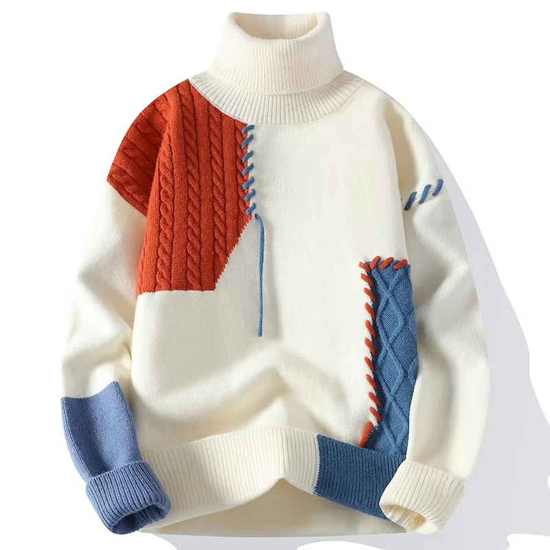 Pull Patchwork En Maille À Col Roulé Chaud Pour Automne Et Hiver Décontracté Et Agréable À Porter
