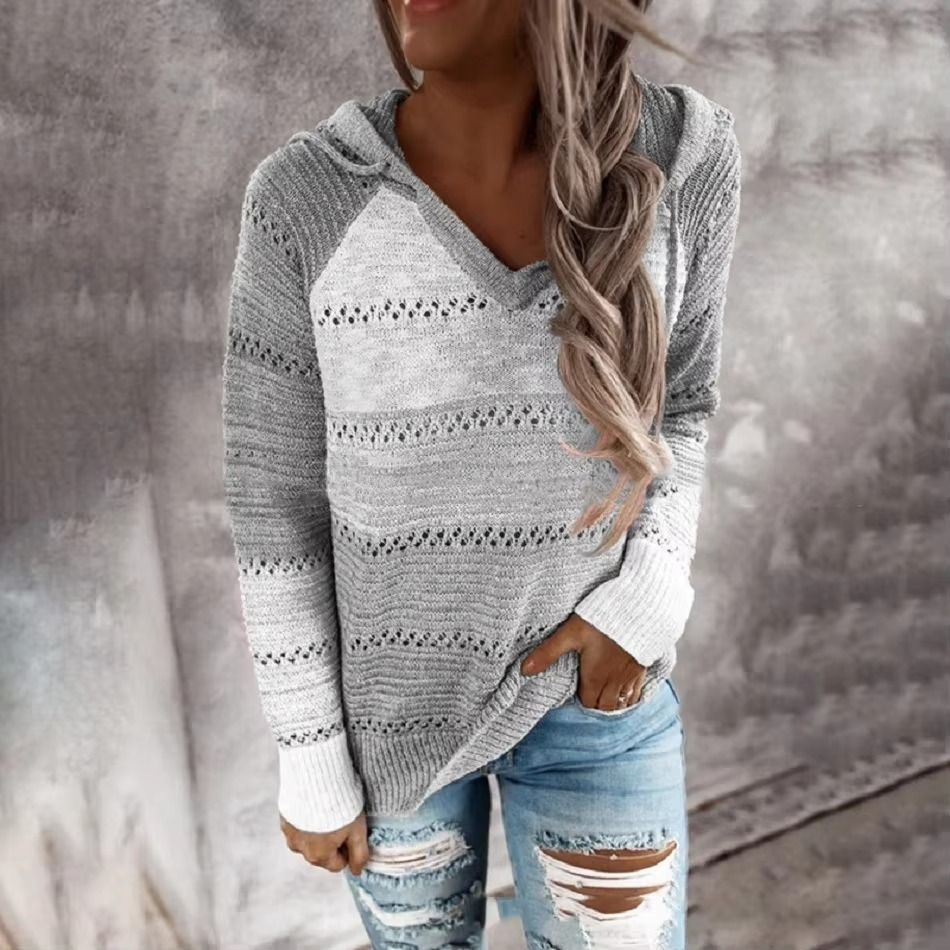 Pull Patchwork Doux À Capuche Pour Femme Manches Longues Tricot Rayé Confortable Et Chic