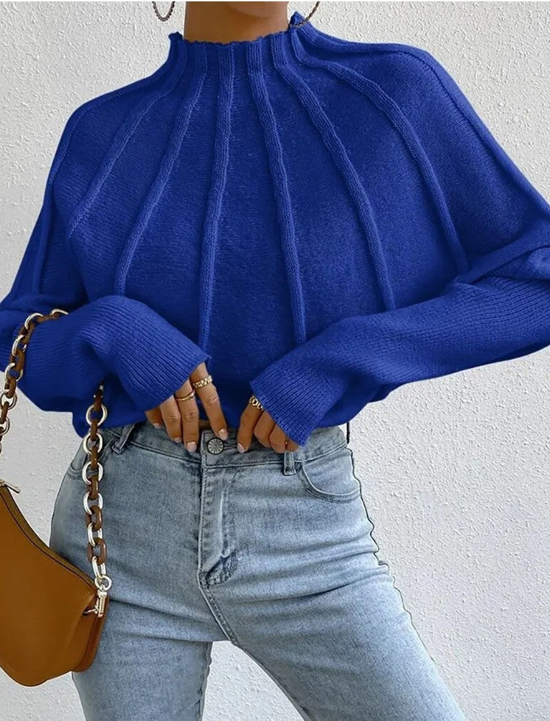 Pull Rayons de Soleil Maille Épaisse à Col Montant Motif Batwing Manche Oversize Polyester