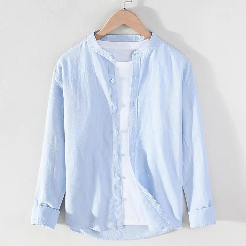 Chemise Homme Lin Vintage Col Montant Manches Longues Boutonnée Léger Respirant de M à 3XL