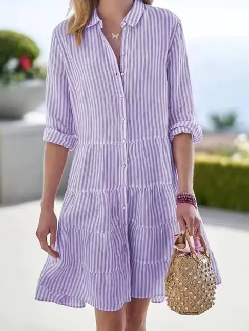 Robe Chemise Oversize Rayée Printanière Pour Femmes Avec Col Revers Et Manches Longues