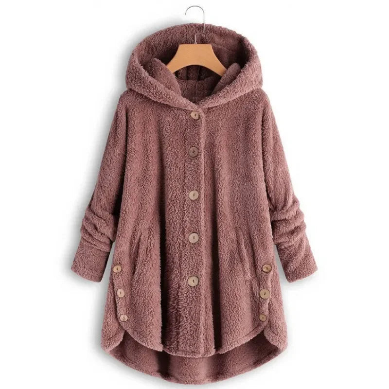Veste Polaire Pour Femmes Coupe Décontractée Capuche Devant Boutons Texture Peluche Poches