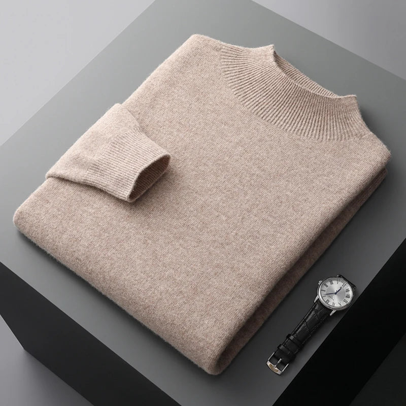 Pull Homme En Laine Tricotée Coupe Regular Avec Demi Col Roulé Et Poignets Côtes Pour L'Hiver