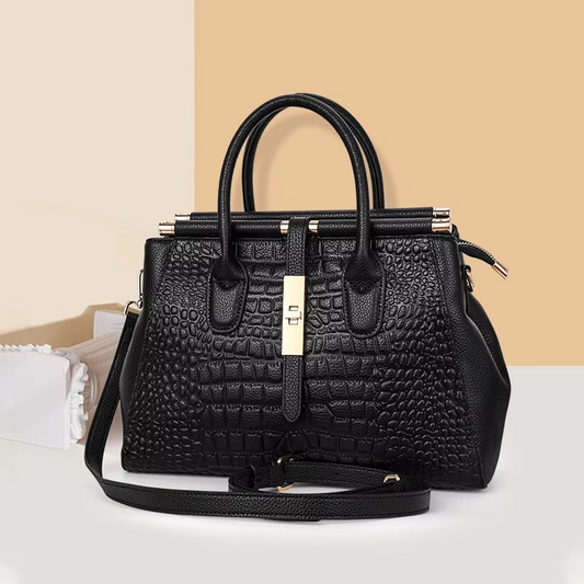 Genuine Leather Women's Crocodile Pattern Tote Bag, Large Capacity, Black - Amawinc