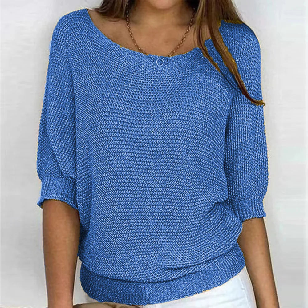 Pull Femme En Maille Décontracté Col Rond Manches Trois Quarts Doux Et Confortable Pour Tous Les Jours