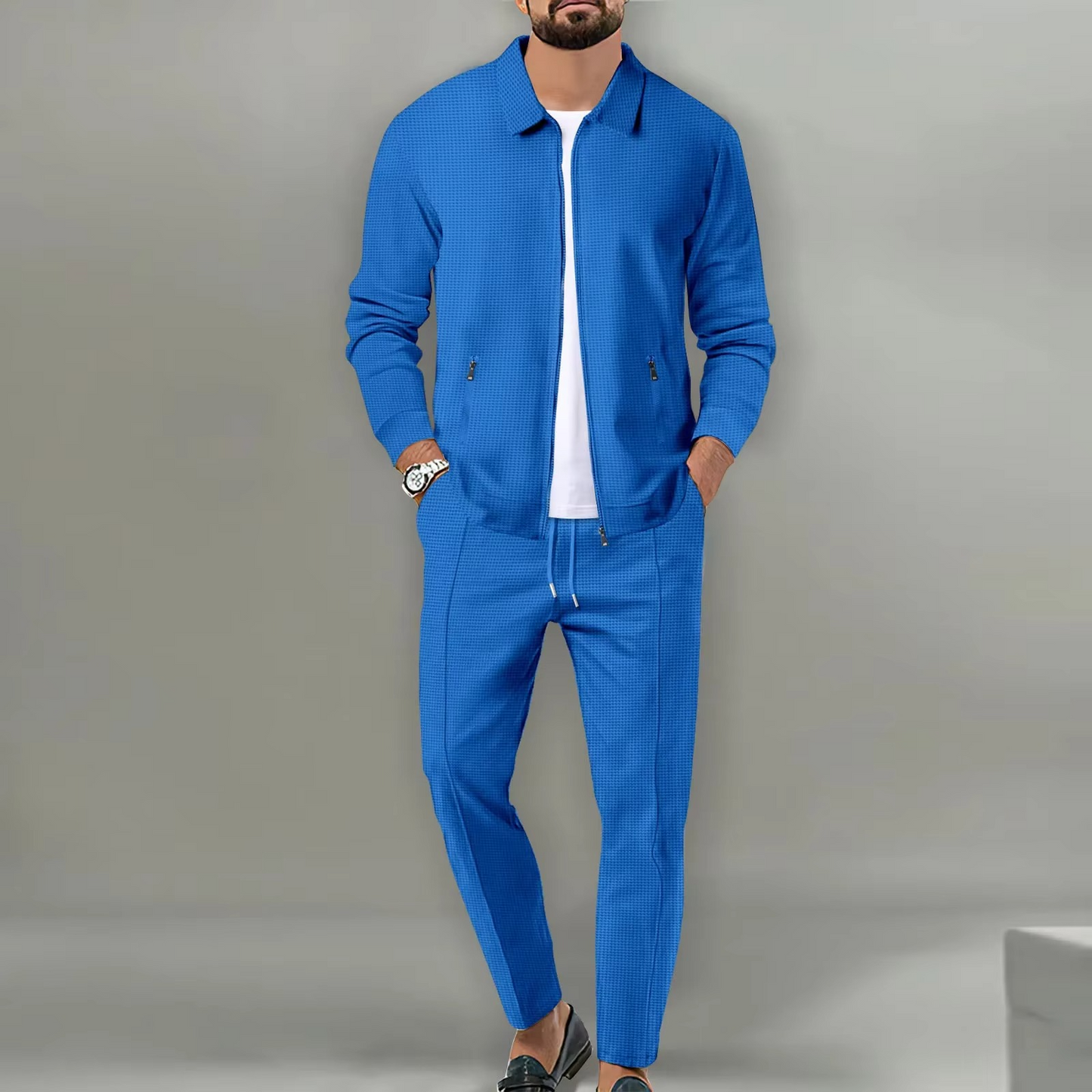 Ensemble Homme Deux Pièces Veste Chemise Polo À Manches Longues Pantalon À Cordon Confort Quotidien