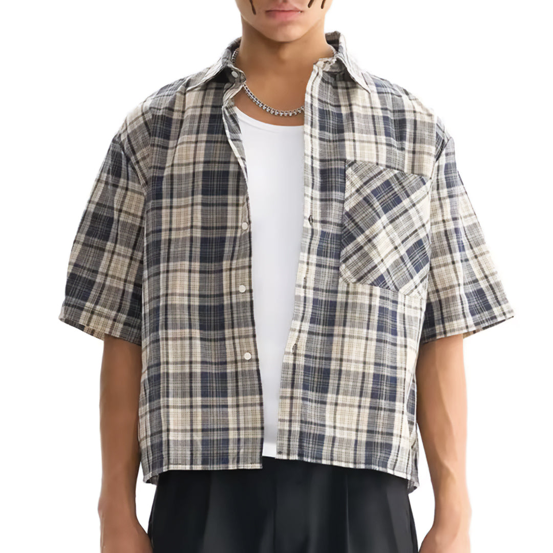 Canyon Plaid Chemise À Manches Courtes En Coton Doux À Carreaux Vintage Moderne Poche Oversize