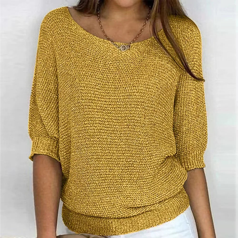 Pull Femme En Maille Décontracté Col Rond Manches Trois Quarts Doux Et Confortable Pour Tous Les Jours