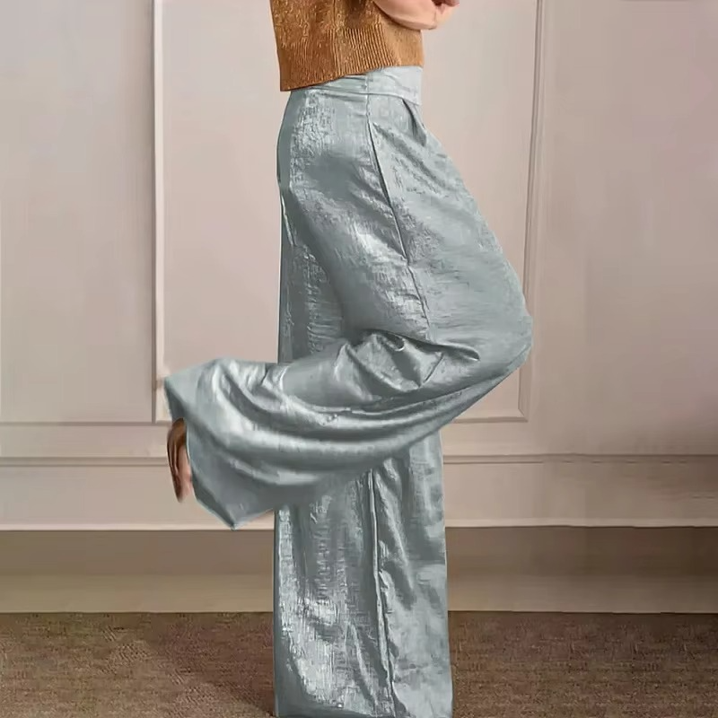 Pantalon Métallique Printemps À Taille Haute À Jambes Larges Pour Femmes Avec Finition Brillante