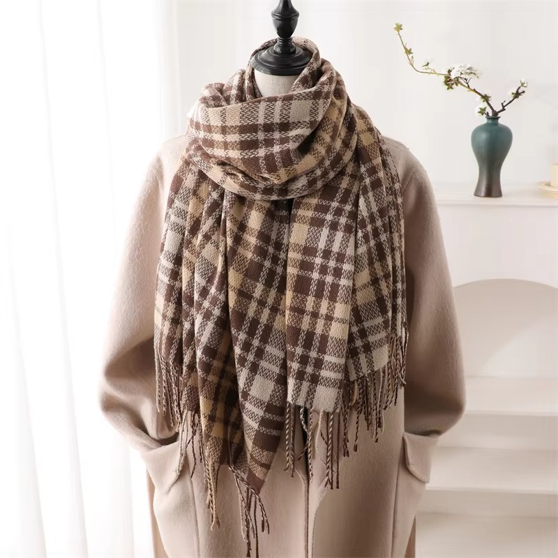 Écharpe Plaid Cachemire Pour Femme Hiver Chaude Foulard Pashmina Avec Franges