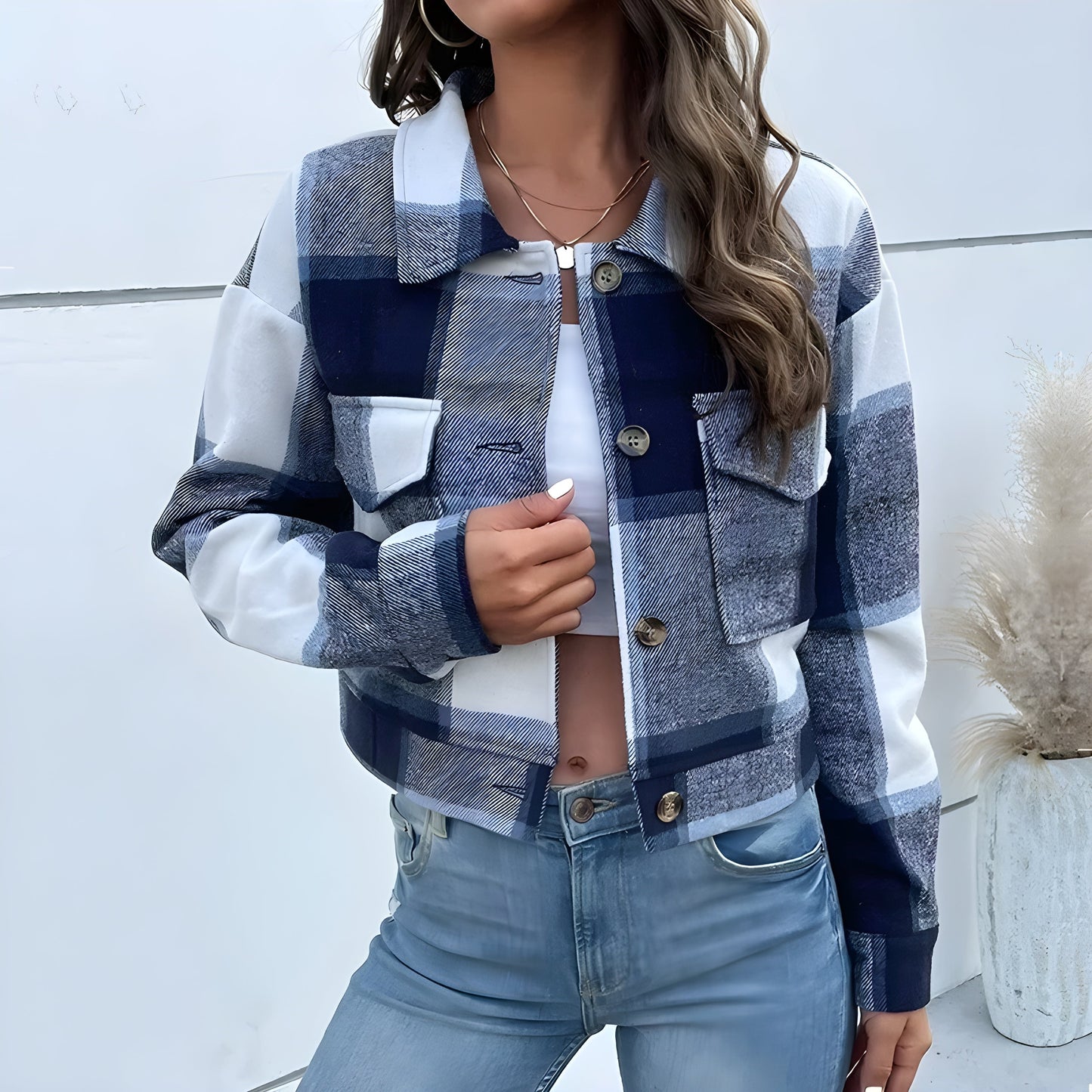 Veste Courte À Carreaux Lavés Avec Poches Plaquées Boutons En Corne Synthétique Col Revers Poignets De Chemise