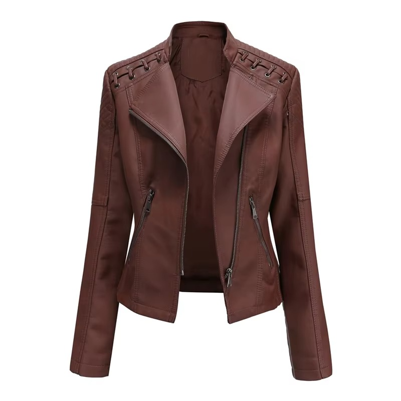 Veste Moto Femme En PU Cuir Court Slim Avec Fermeture Éclair Polyvalente 12 Couleurs