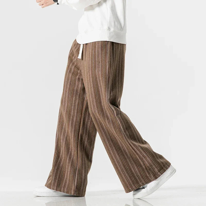 Pantalon Fuji Tissage Twill Oversize Inspiré Hakama Japonais À Rayures Fines Polyester Taille Élastique