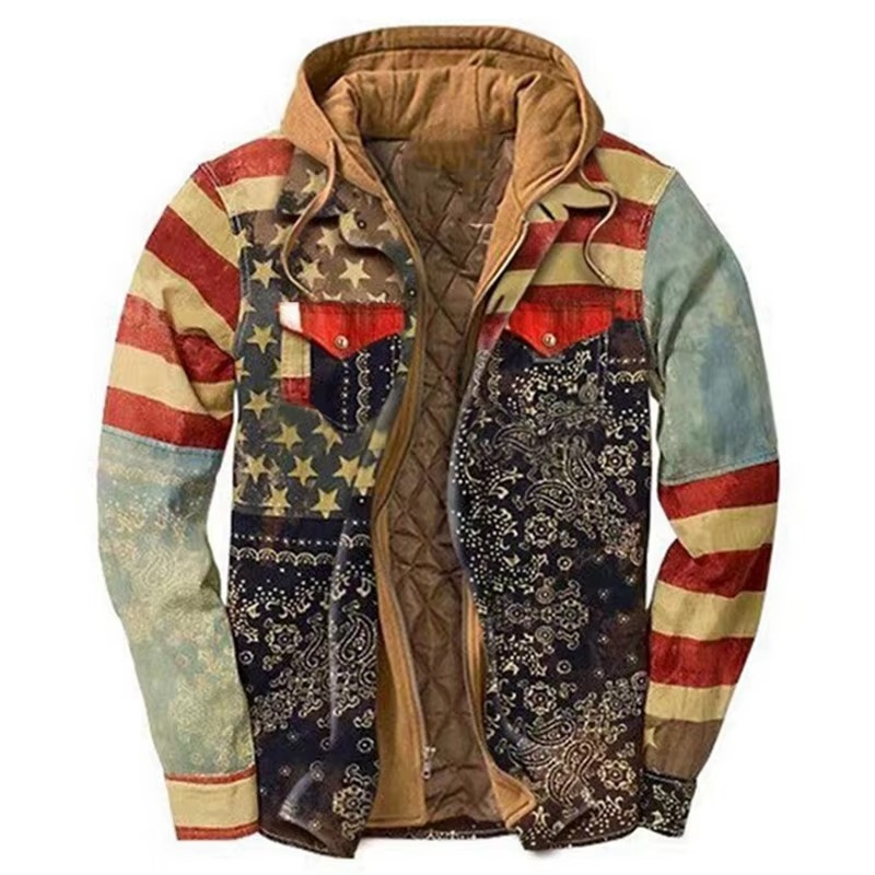 Amawinc Veste À Capuche En Coton Patchwork Carreaux Pour Homme Chaude Design Drapeau Américain Tailles S À 5XL