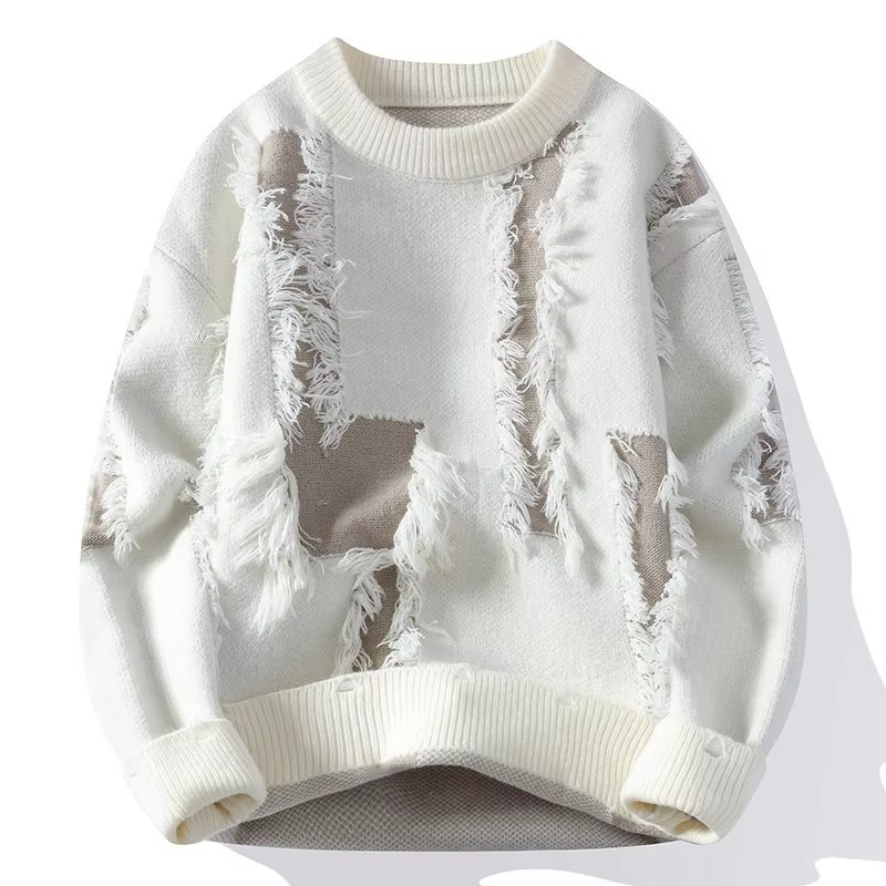 Pull Homme Maille Patchwork Usé Col Ras Du Cou Coupe Ample Confortable Amawinc Automne Casual