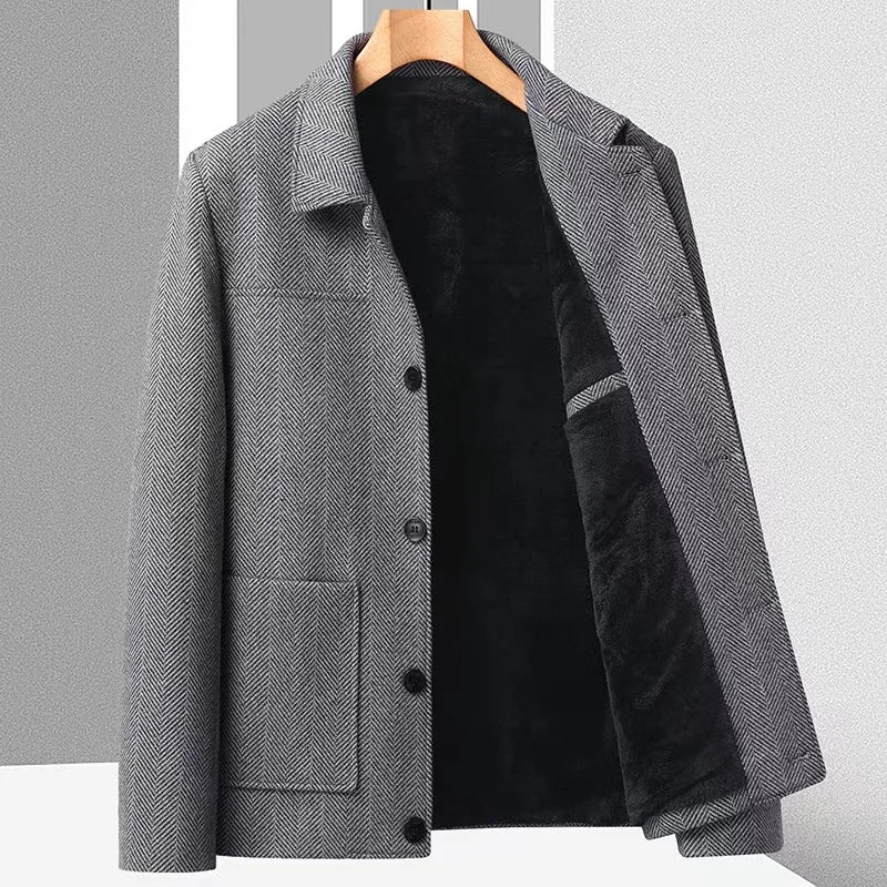 Manteau Court Herringbone Marc Taille Ajustée Col Revers Décontracté Poches Patch Léger et Chaud