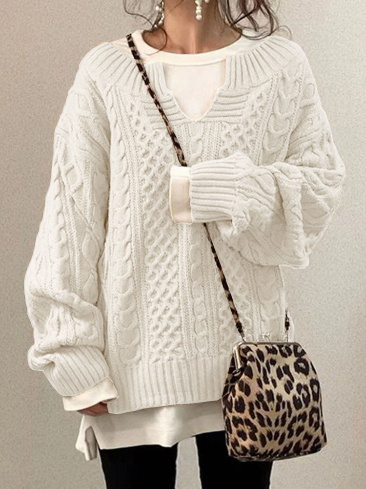 Pull Femme Col V Maille Torsadée Claire Chic Classique Confortable Pour Automne Hiver