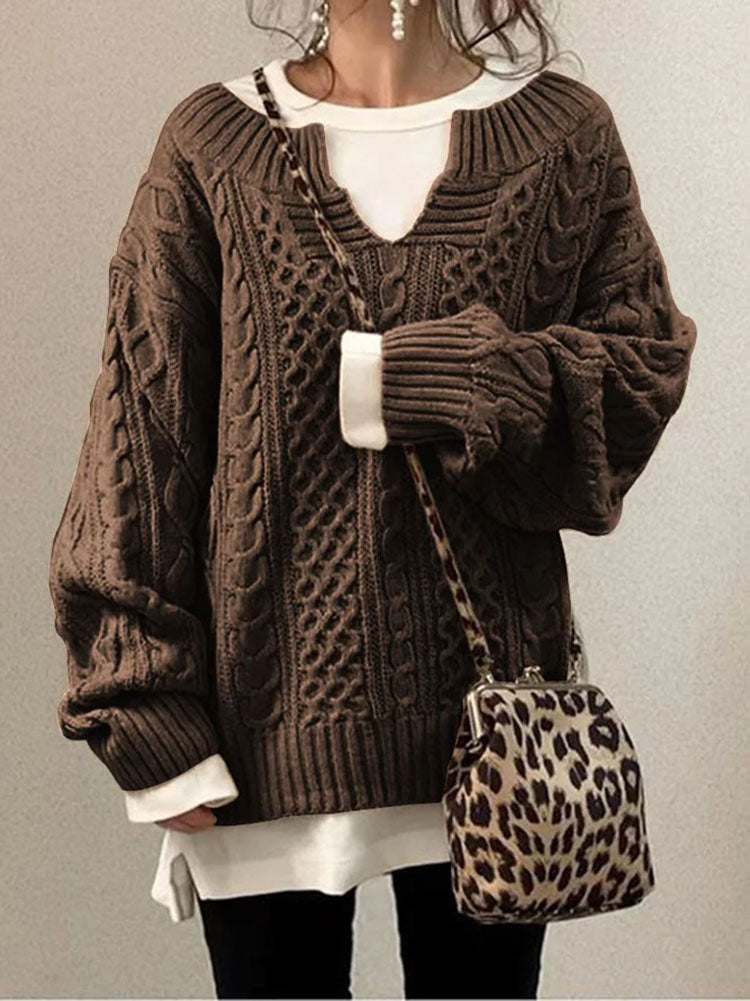 Pull Femme Col V Maille Torsadée Claire Chic Classique Confortable Pour Automne Hiver