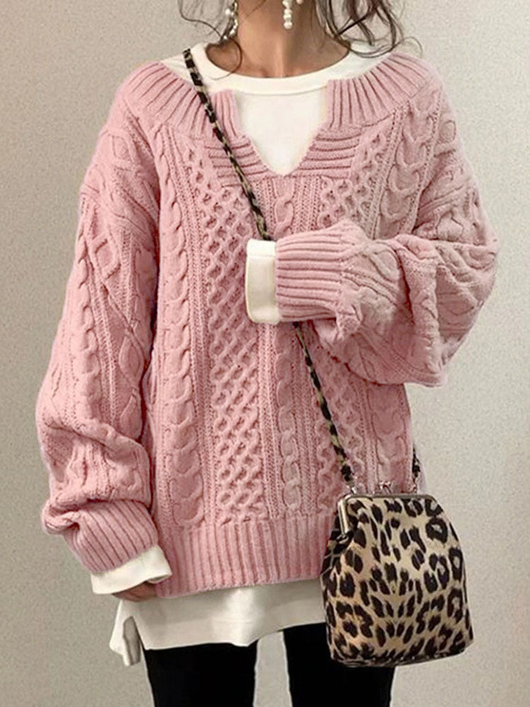 Pull Femme Col V Maille Torsadée Claire Chic Classique Confortable Pour Automne Hiver