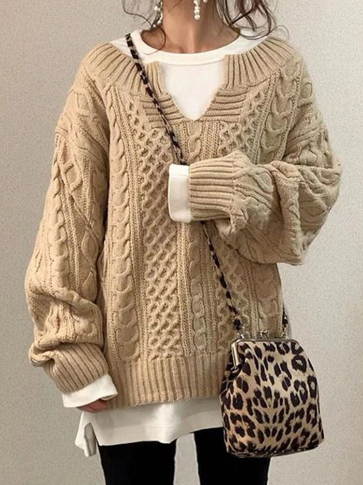 Pull Femme Col V Maille Torsadée Claire Chic Classique Confortable Pour Automne Hiver
