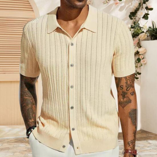 Chemise Tricot Homme Côtelée À Manches Courtes Boutonnée Amawinc Décontractée Pour Le Quotidien