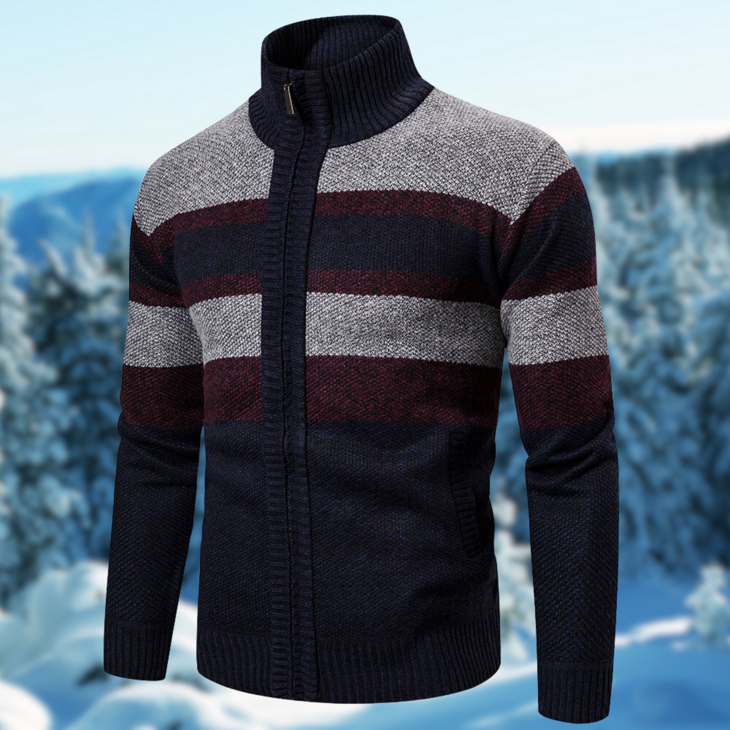Veste En Maille Homme Coupe Regular À Rayures Texturées Zip Complet Col Montant Côtelé Chaud Automne Hiver