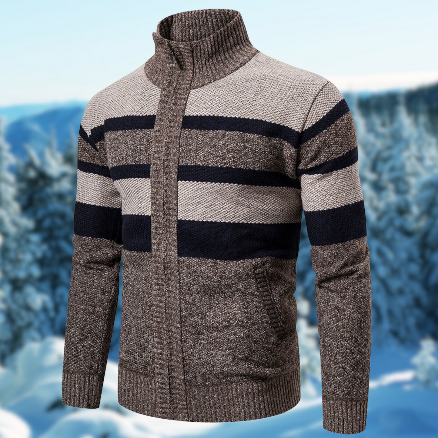 Veste En Maille Homme Coupe Regular À Rayures Texturées Zip Complet Col Montant Côtelé Chaud Automne Hiver