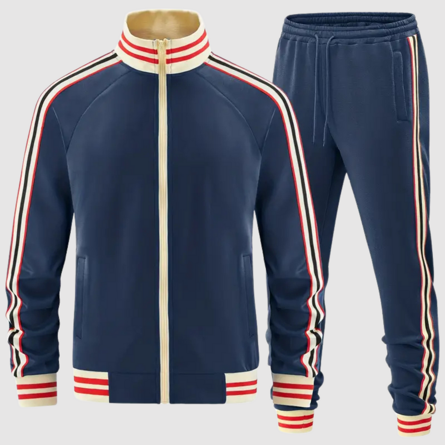 Ensemble Survêtement Homme Deux Pièces Avec Veste Zip Intégrale Et Pantalon Slim Décontracté Rayé