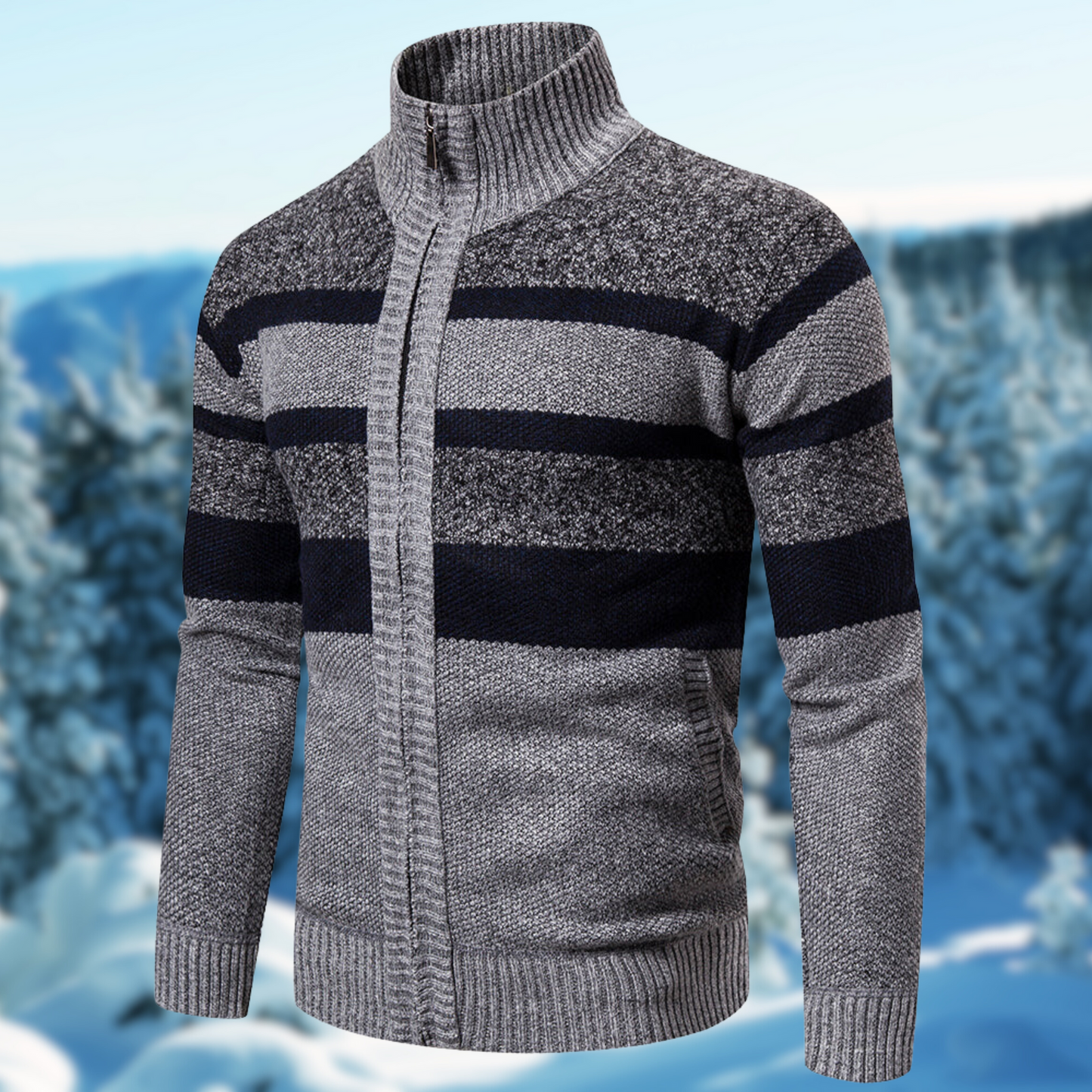 Veste En Maille Homme Coupe Regular À Rayures Texturées Zip Complet Col Montant Côtelé Chaud Automne Hiver