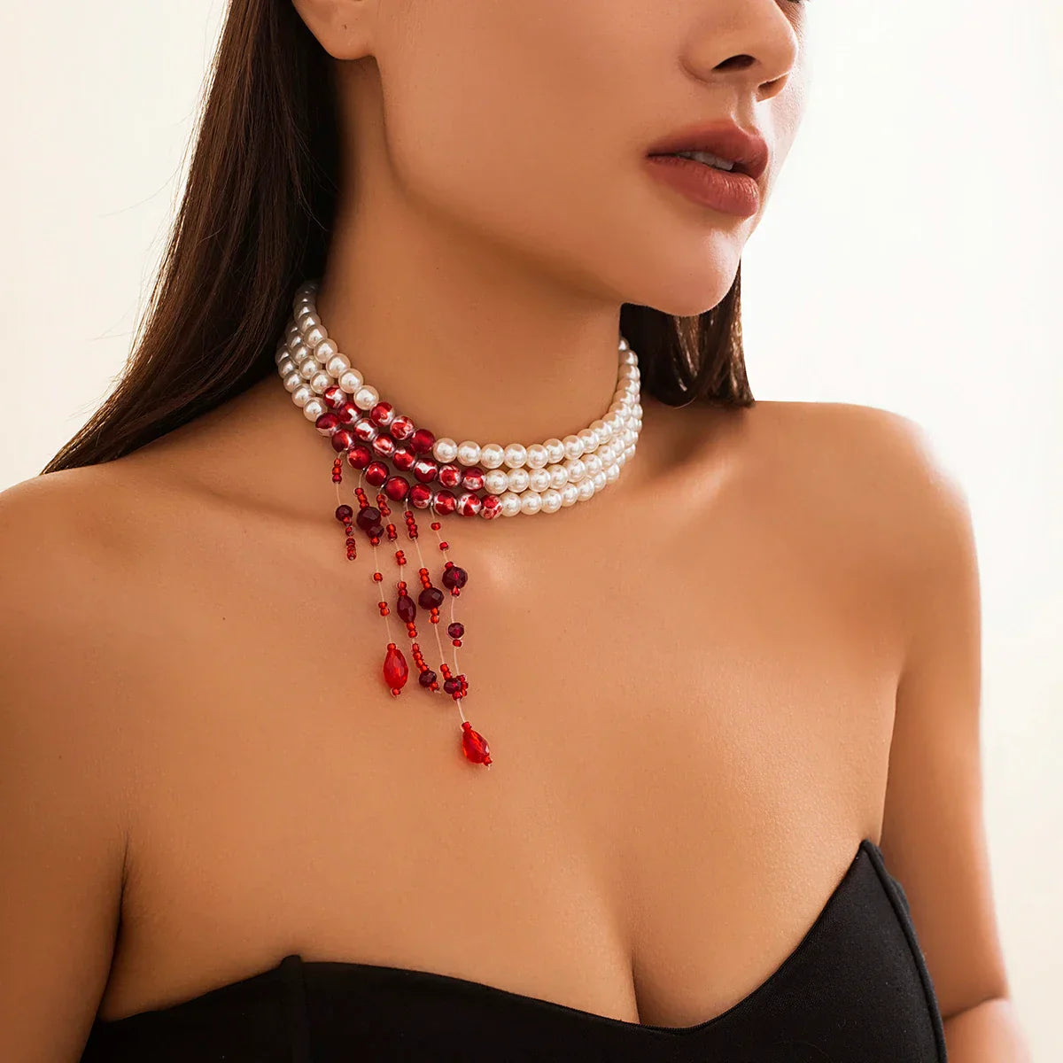 Collier De Perles À Plusieurs Rangs Avec Cristaux Et Fermeture Réglable Pièce Impact Pour Halloween