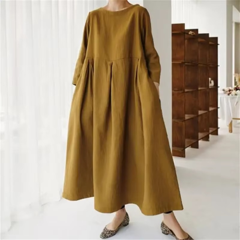 Robe Maxi Grande Taille En Coton Lin Pour Femme Col Rond Décontractée Pull Over Printemps Été 2024