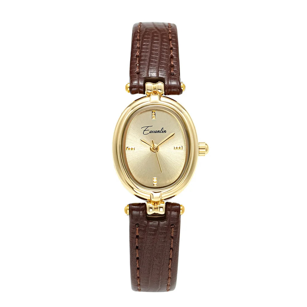 Montre Quartz Rétro Or Cadran Doré Rond et Rectangulaire Mouvement Durable Étanche Bracelet Cuir Véritable Léger