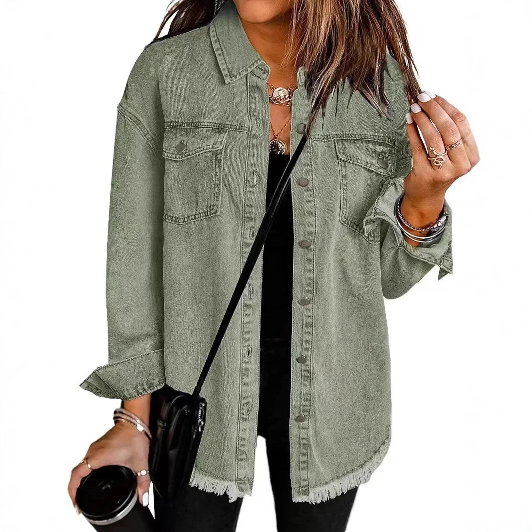 Sophia Amawinc Veste Chemise Denim Doux Lavé Coton Ourlet Frangé Décontractée Pour Superposition