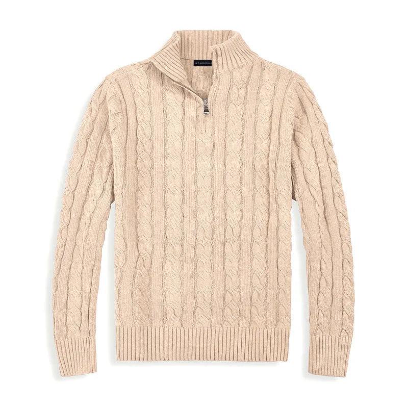 Pull Homme Zip Demi Tricot Cable Maille Coton Mélangé Nordic Flair Coupe Regular Texture Classique Doux Bords Côtes