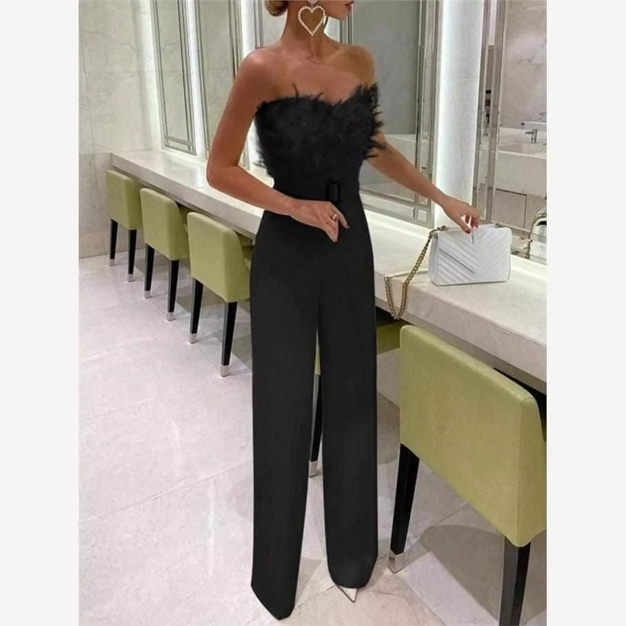 Combinaison Sexy en Plumes à Épaules Dénudées Taille Cintrée et Jambes Larges Ornée de Diamants