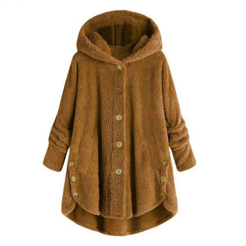 Veste Polaire Pour Femmes Coupe Décontractée Capuche Devant Boutons Texture Peluche Poches