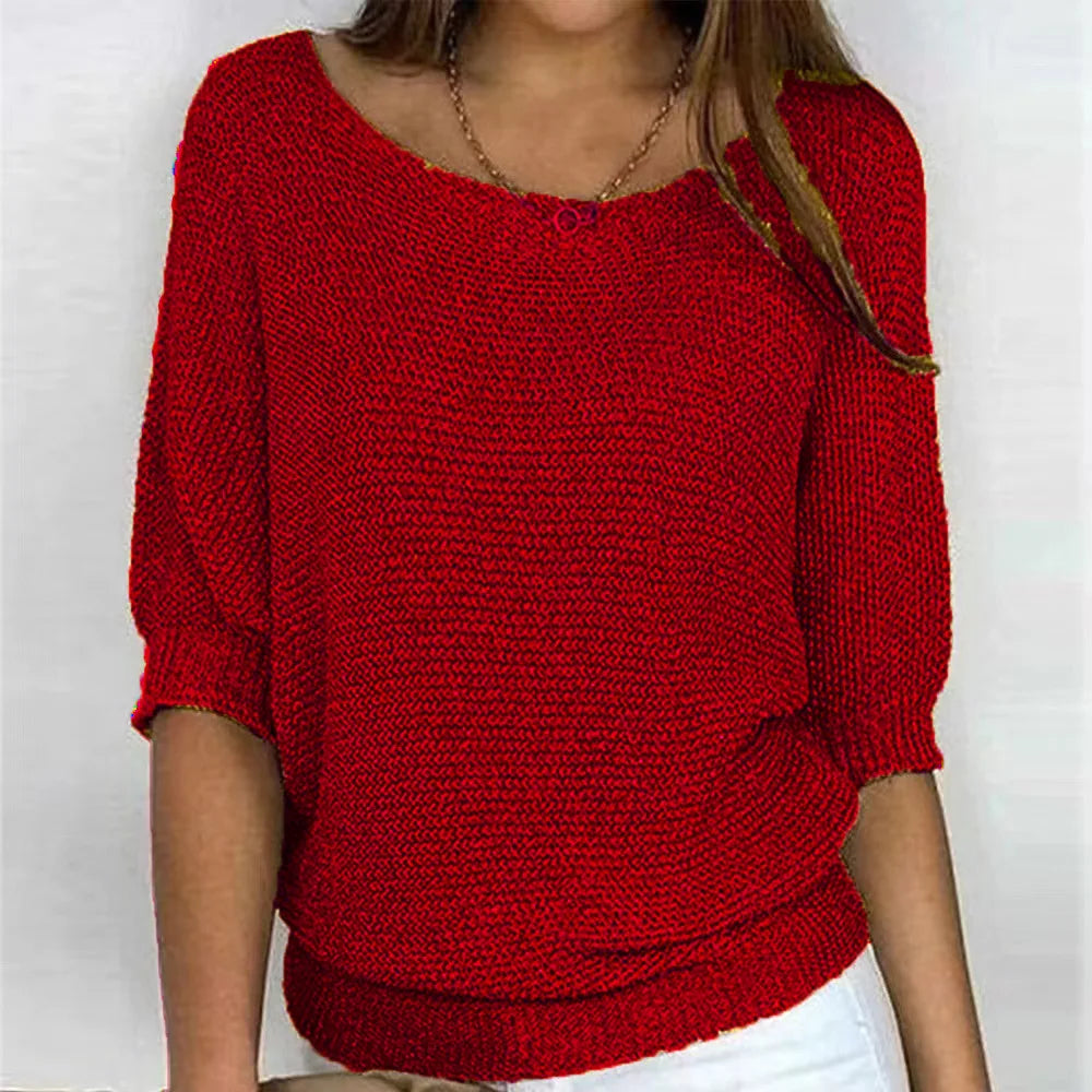 Pull Femme En Maille Décontracté Col Rond Manches Trois Quarts Doux Et Confortable Pour Tous Les Jours