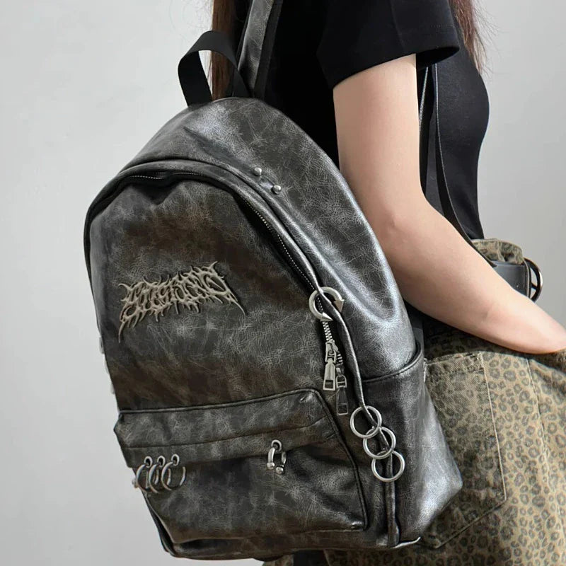 Sac À Dos Raven Gothique Gris Métallique Avec Boucles Et Poignées Multiples Grande Capacité Toiles Douces