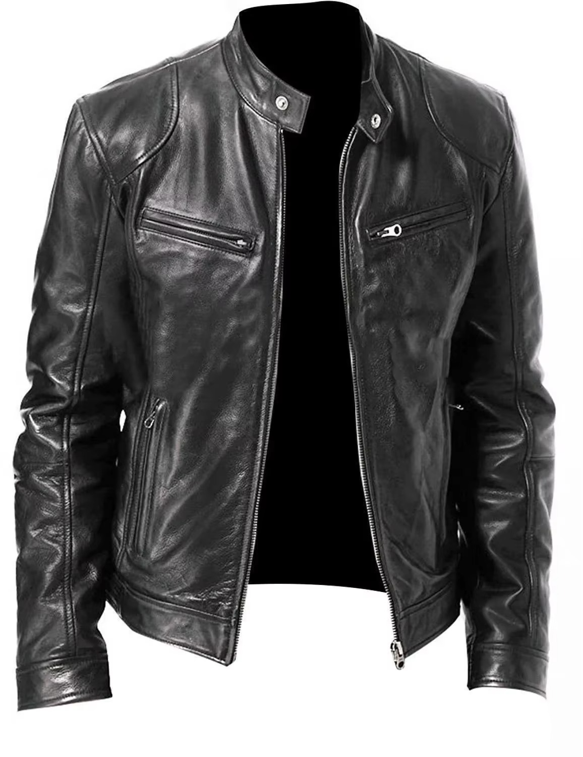 Veste Cuir PU Slim Fit Pour Homme Avec Col Debout Résistante Au Vent Style Moto Et Ville