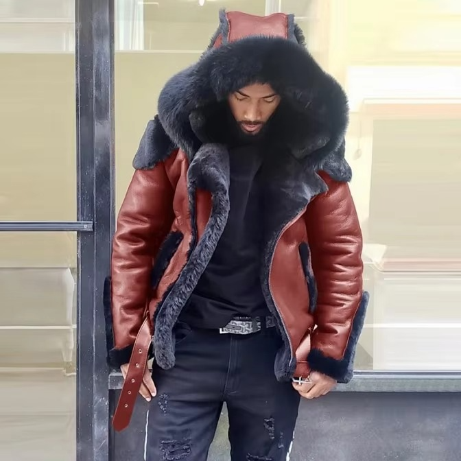 Veste Homme En Cuir Pour L Hiver Avec Col Fourrure Et Doublure En Laine Chaude Durable