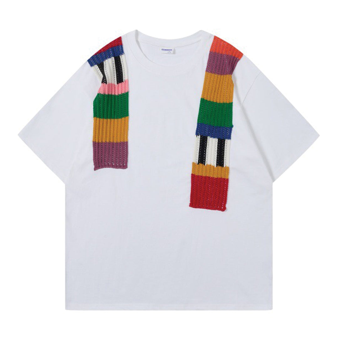 T Shirt Tricot En Coton Avec Panneaux Colorés Tricotés Sur Base Noire Coupe Ample