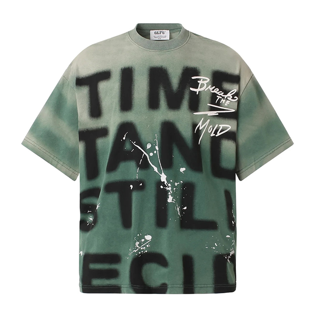 T Shirt Imprimé Graphique Time Stand Still En Coton Coupe Loose Teinté Garment Dyed Lavage Doux Pré Rétréci
