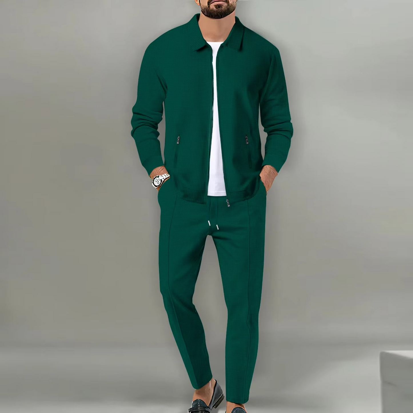 Ensemble Homme Deux Pièces Veste Chemise Polo À Manches Longues Pantalon À Cordon Confort Quotidien