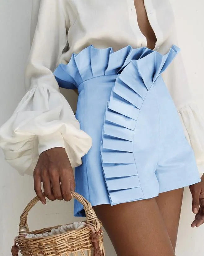 Shorts Plissés à Taille Haute Aria avec Drapé Doux et Volants Déployants pour Silhouette Élégante