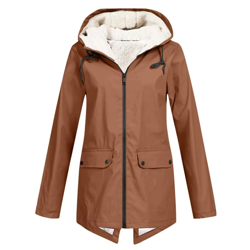 Veste Trench Imperméable À Capuche Doublée Velours Pour Automne Et Hiver Pour Femmes