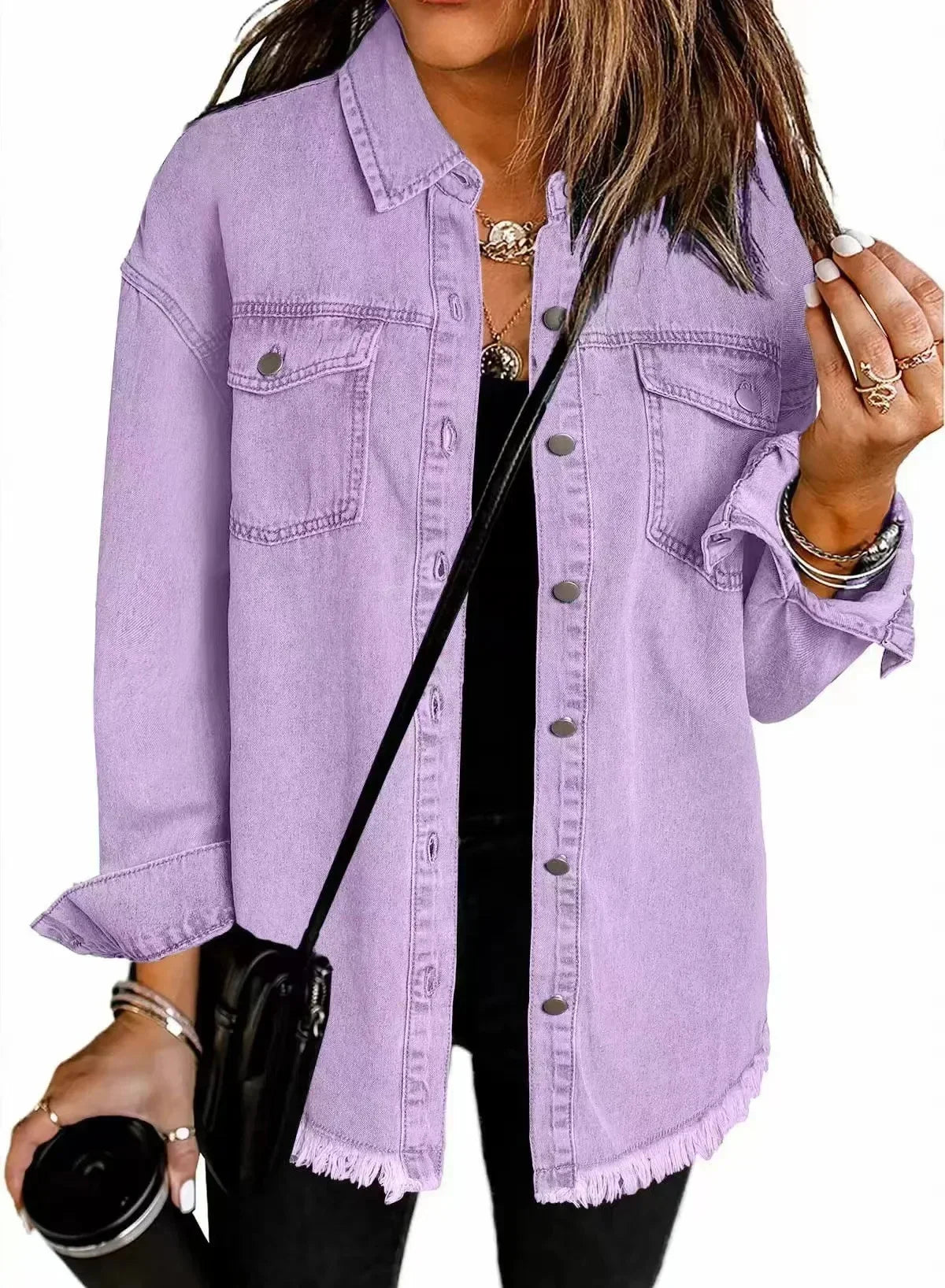 Sophia Amawinc Veste Chemise Denim Doux Lavé Coton Ourlet Frangé Décontractée Pour Superposition