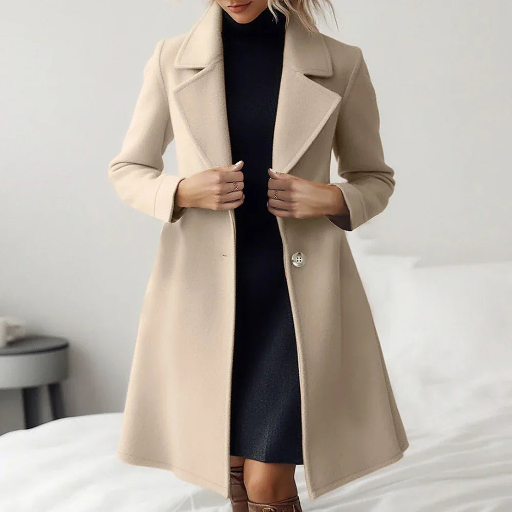 Taylor Manteau Midi Texturé Couleur Nude Revers à Cran Cintré à la Taille Boutons Faux Corne Évasé